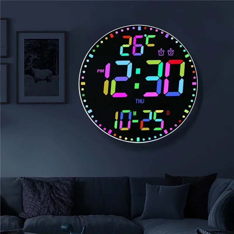Living Room Creative Colorful Wall Clock RGB Perpetual Calendar Digital Clock Temperature Date Time Week Display LED