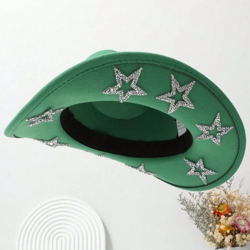 Roll Brims Cowboy Hat for Bride Bridesmaids Elegant Five Pointed Star Cowgirl Hat Party Costume Halloween Party Headwear
