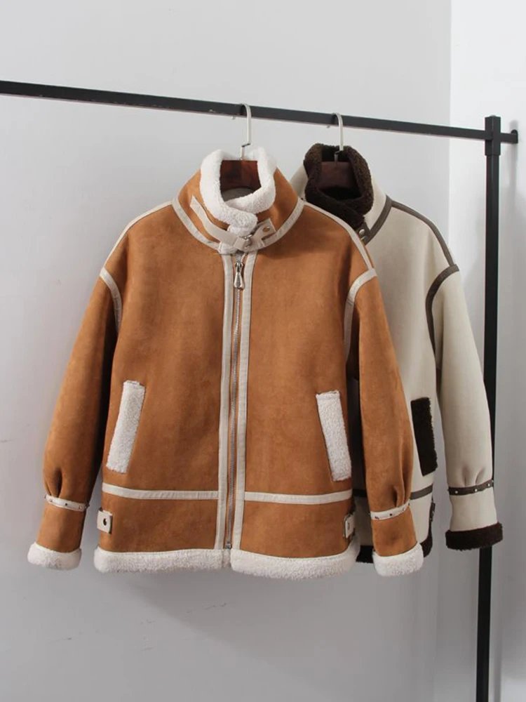 

Winter New Thickened Suede Jacket for Women Mid length Motorcycle Biker Coat Faux Lamb Fur WarmLong Sleeve Snow Parka Outerwear