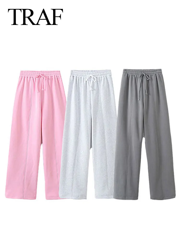 

TRAF Spring Women Casual Wide Leg Pant Elastic Waist Drawstring Loose Trousers Fashion Solid Y2k Woman Elegant Pants