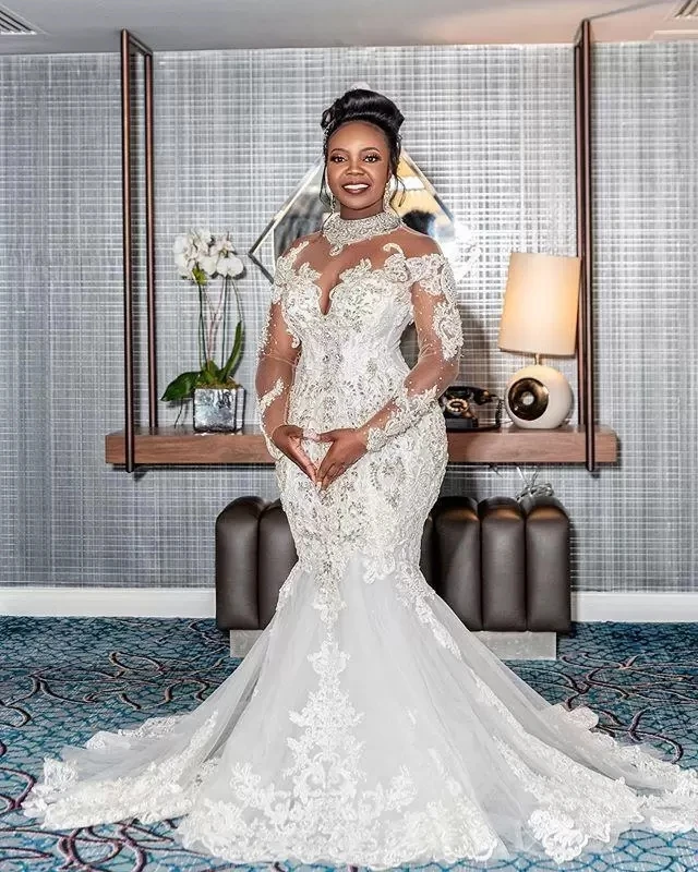 

African Crystal Mermaid Wedding Dresses Bridal Gowns High Neck Sheer Long Sleeves Lace Beading Elegant Robe De Mariee