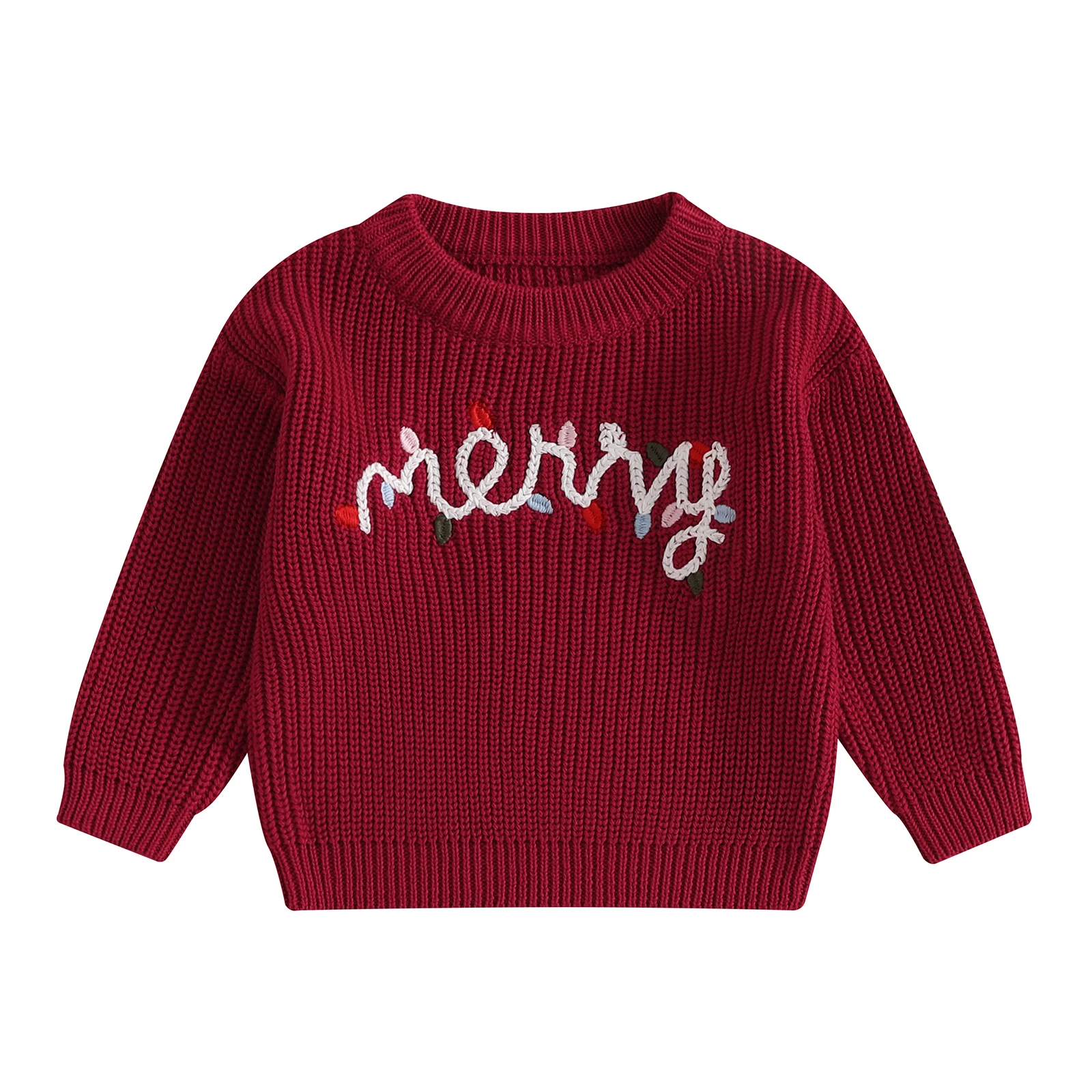 0-3Years Baby Boy Girl Christmas Sweaters Letter Light String Embroidery Long Sleeve Round Neck Chunky Pullover Warm Knitwears