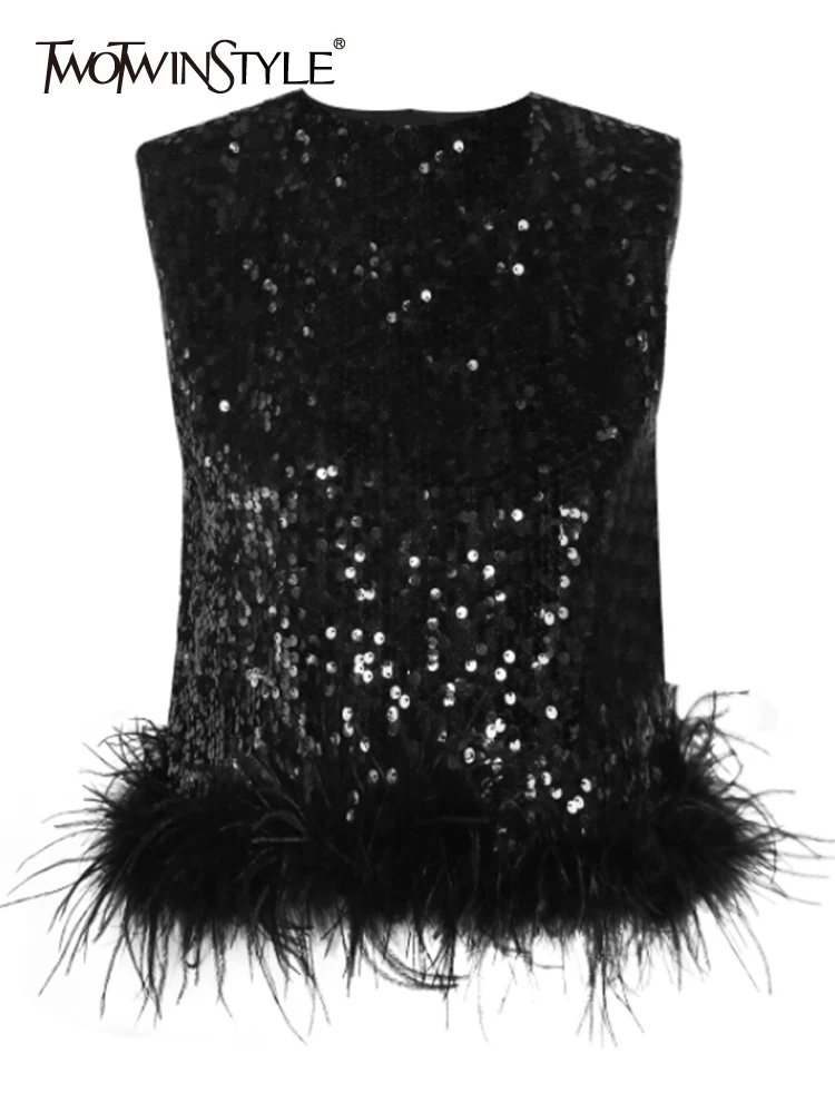 

TWOTWINSTYLE Patchwork Feathers Tank Tops For Women Round Neck Sleeveless Spliced Zipper Summer Vest Female Fashion Clothing New