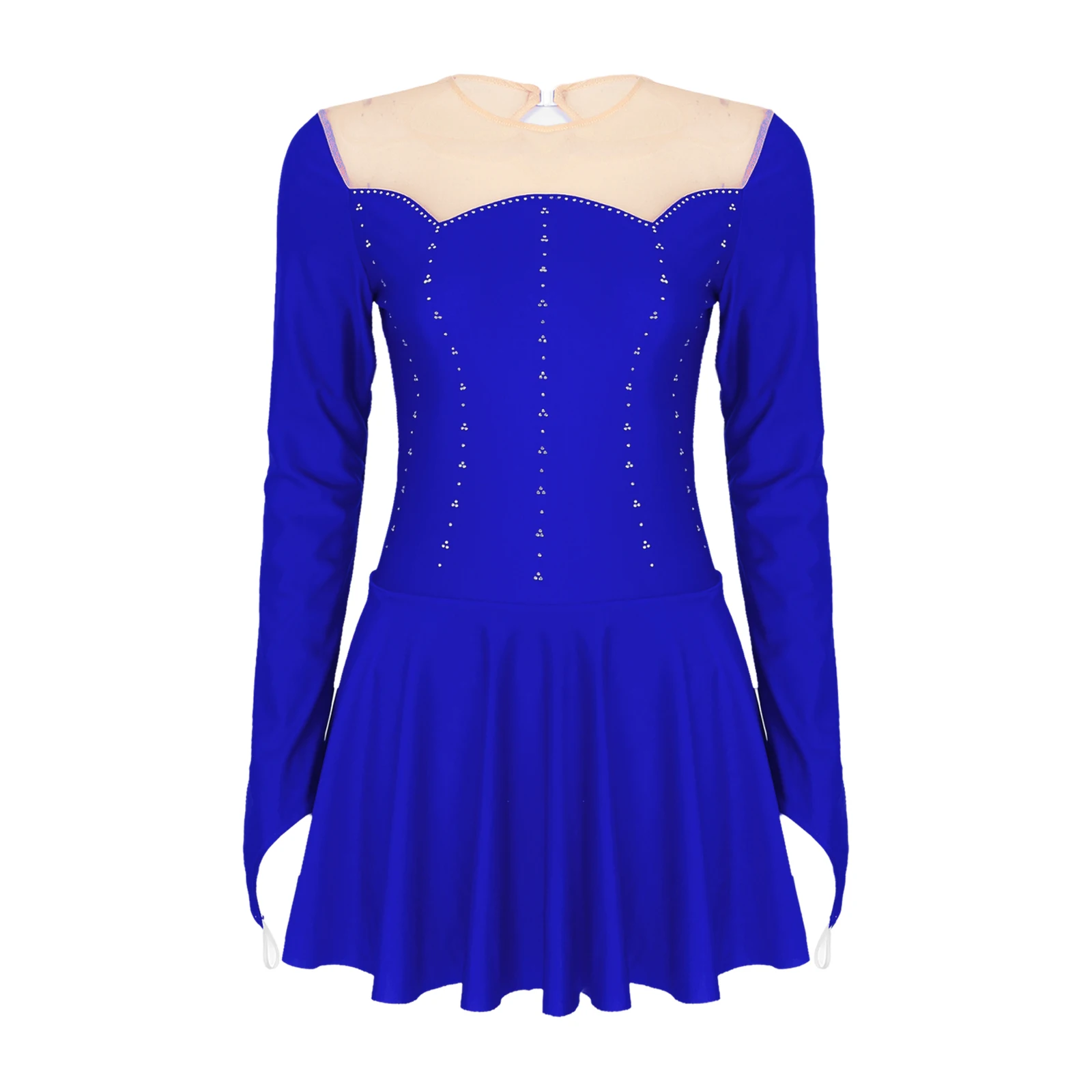 Womens Sheer Mesh Patchwork Glitter Rhinestone Dance Dress Figure Skating Costume Round Neck Long Sleeve Dresses