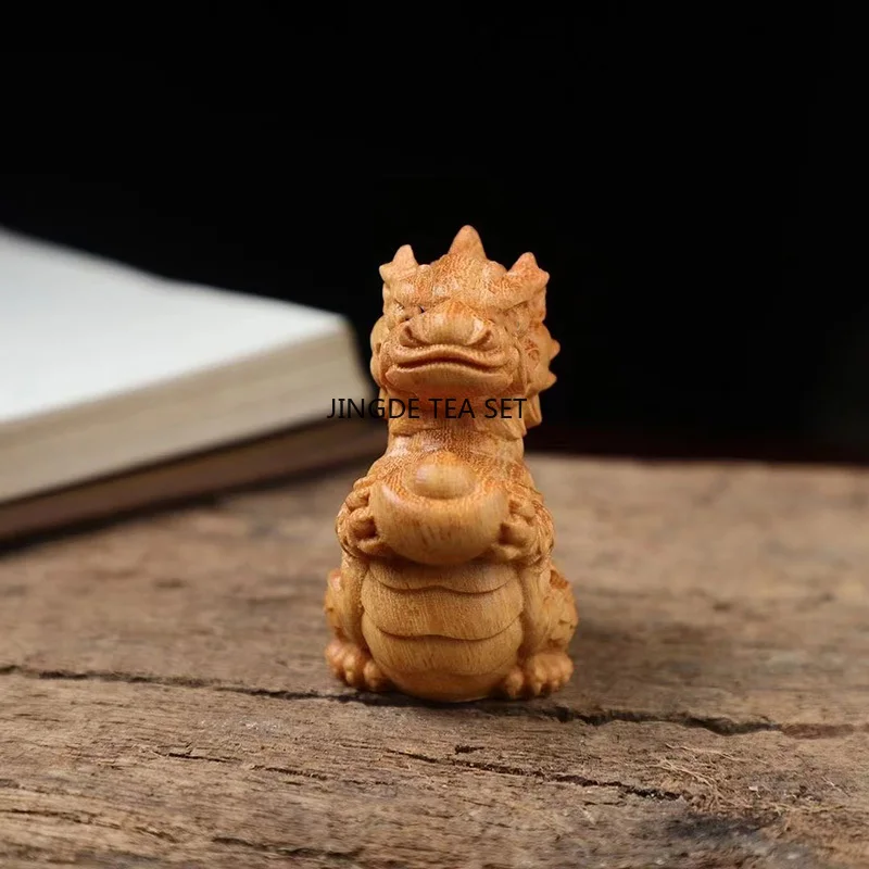 Natural wooden small dragon statue hand carved solid wood cute home mini feng shui decoration