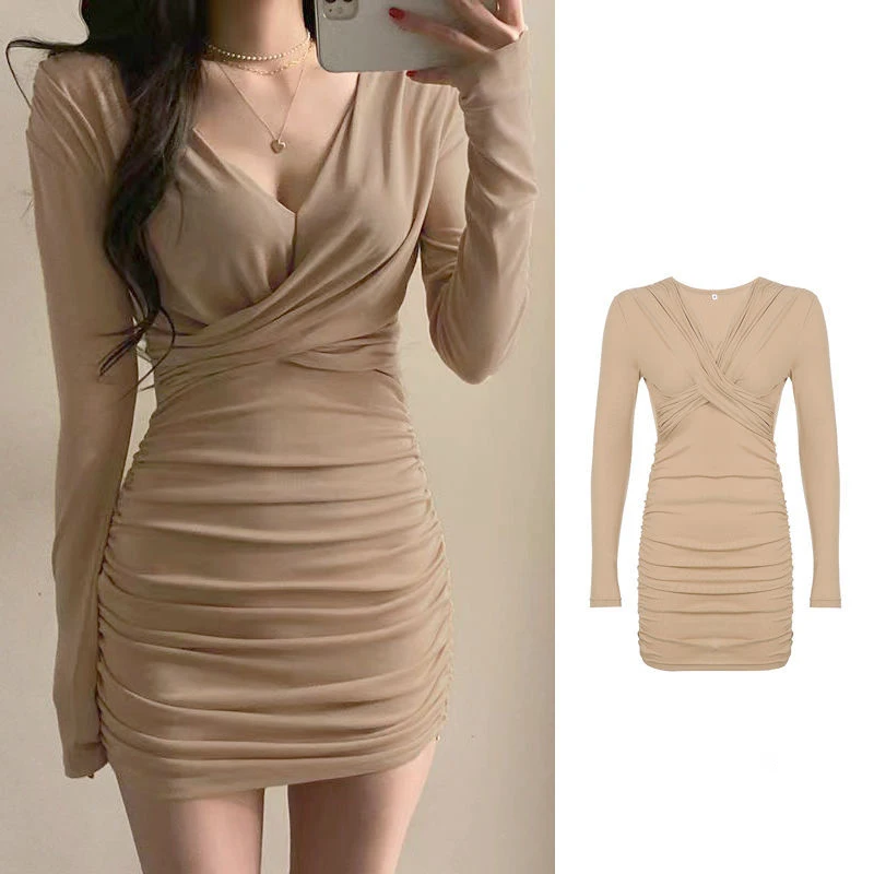 

Women's Long-Sleeved Dress Folding 2023 Tight Sexy Nightclub V-Neck Solid Fashion Casual Uzan Streetwear Elegant Women Everyday