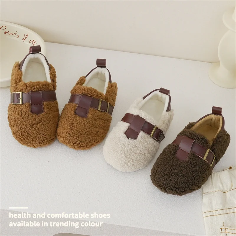 

Children Cotton Shoes Girls Metal Buckle Retro Warm Winter Shoes Boys Soft Sole Plush Casual Shoes Size 21-30