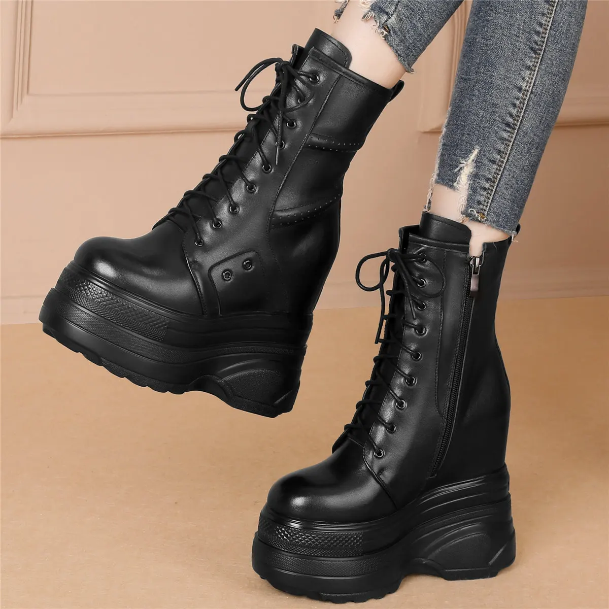 

Platform Pumps Shoes Women Lace Up Genuine Leather Wedges High Heel Ankle Boots Female Round Toe Fashion Sneakers Casual Shoes