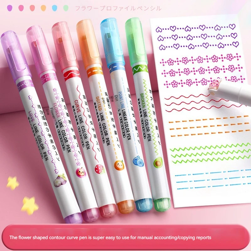 

6pcs Line Shaped Highlighter Roller Tip Curve Liner Marker Gel Pens Kawaii Graffiti Pen Korean Stationery School Office Supplies