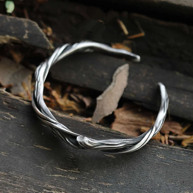 Brazalete de rama con personalidad para hombre, joyería de tamaño abierto, pulsera de plata 925, accesorios de mano con patrón de madera
