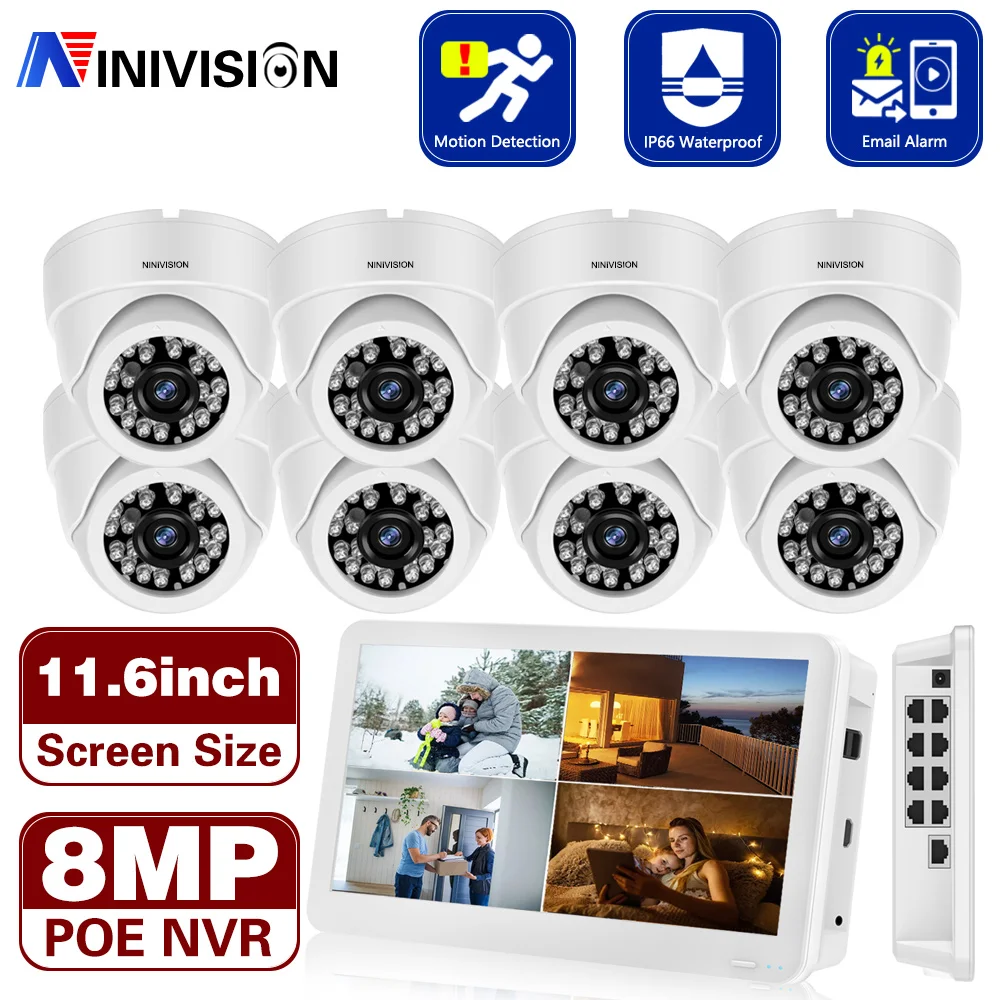 8CH 8MP FHD POE Network Video Surveillance System Screen NVR Recorder With 8MP Dome Security Cameras Motion Detection 4K IP Cam