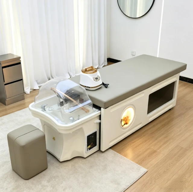 Lit de lavage moderne haut de gamme avec espace de rangement et repose-pieds, lit de lavage ergonomique pour salon de spa, équipé d'un bac à shampoing 1
