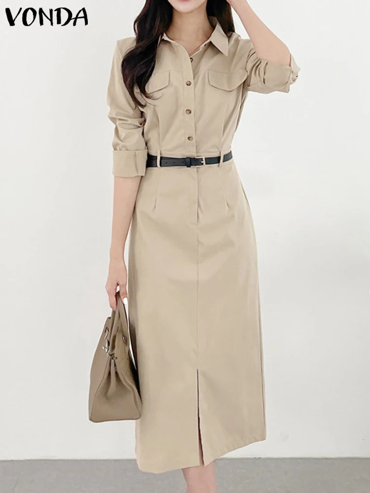 우아한 사무실 드레스 여성용, 여름 긴 소매 긴 셔츠 Sundress Robe 2023 패션 드레스 캐주얼 솔리드 컬러 Midi Vestidos