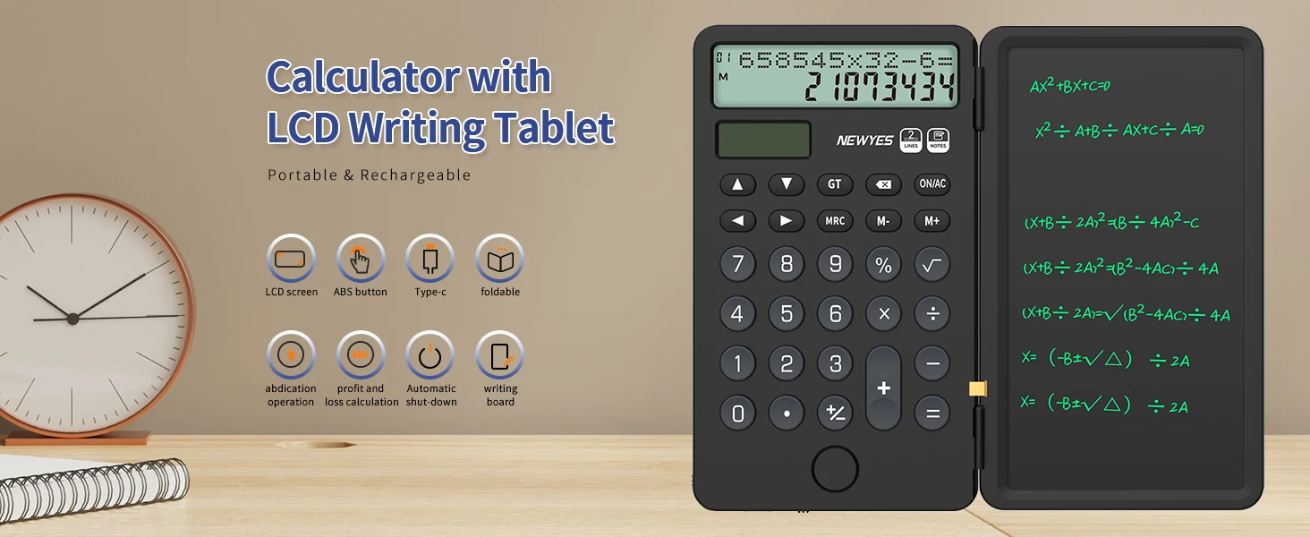 Description Picture 2 of item6.5" Portable Calculator with Notepad 2-Line 12-Digits Large Display Rechargeable Solar Power Desk Calculator for Office School