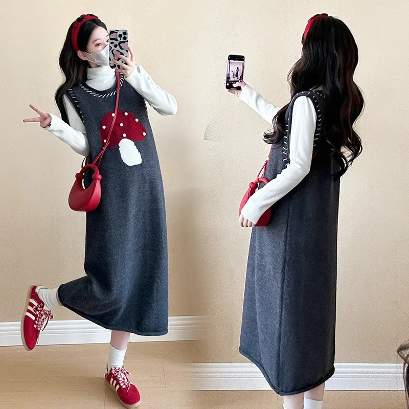 Fashionable Mushroom Skirt And Base Shirt Maternity Dress Two-Piece Set New Autumn Wear for Pregnant Women Comfortable And Styli