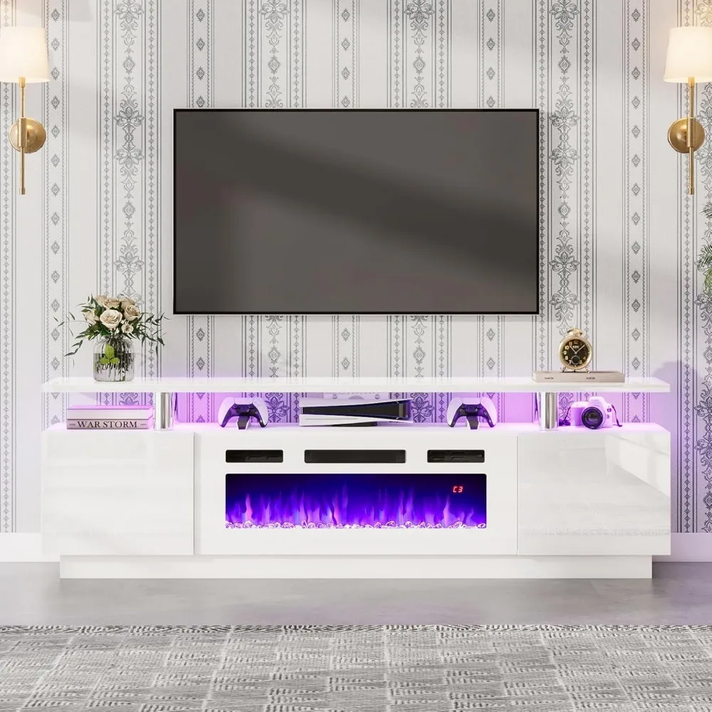 

70"Fireplace TV Stand with 36" Electric Fireplace,High Gloss Finish Media Console with Open Storage,LED Lights,for TVs Up to 80"