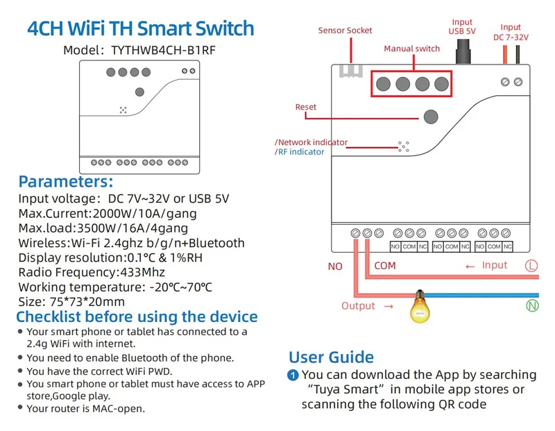 7-32V WiFi 4 Channel TH Switch With DIN Rail,Tuya Smart Life APP,Temperature or