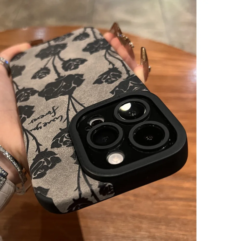 【 High Quality 】 Gray Bottom Black Rose Phone Case New iPhone 15 Promax 13 Set  16 Premium 14 Anti Drop 12 Silicone_voghion.com