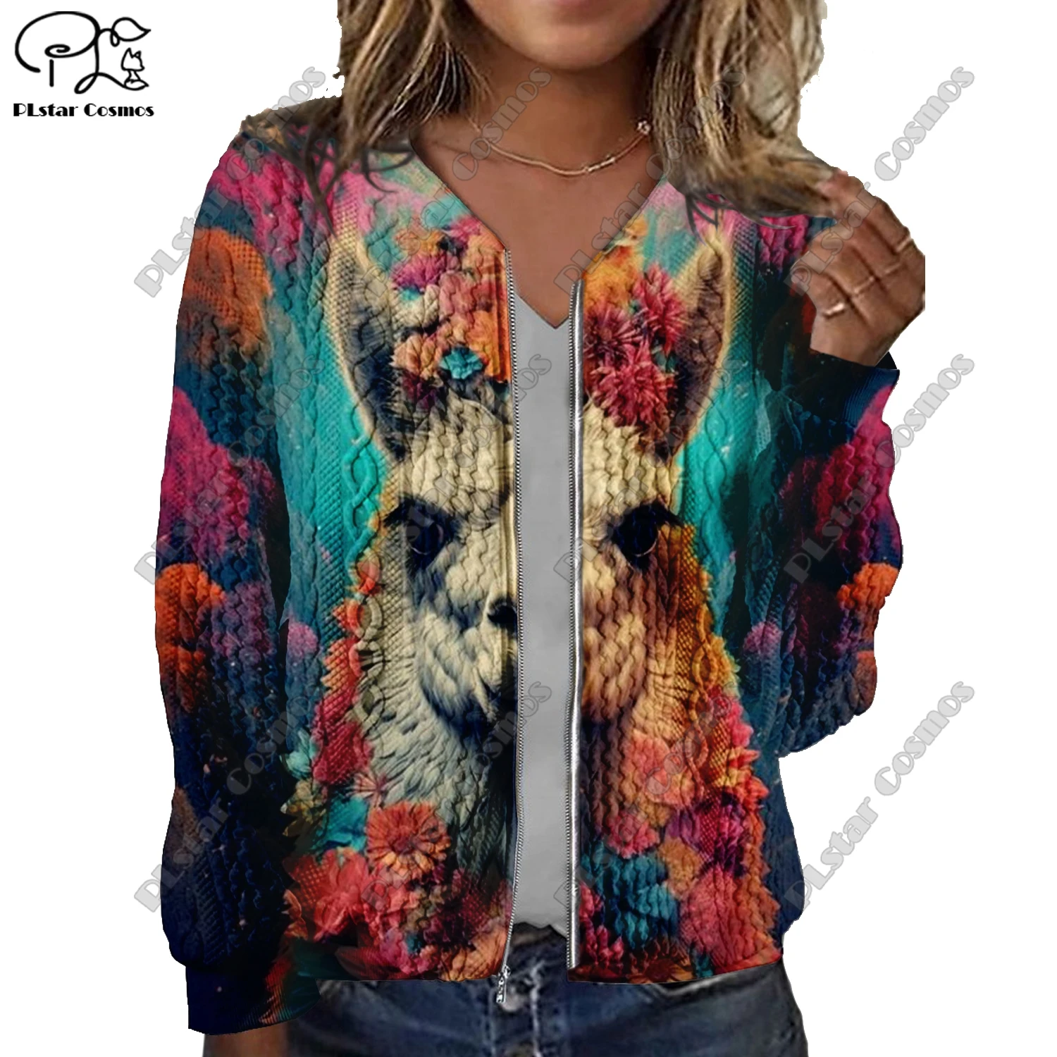 New 3D printed animal series alpaca cat dog fox pattern printed women's jacket threaded texture casual authentic short coat