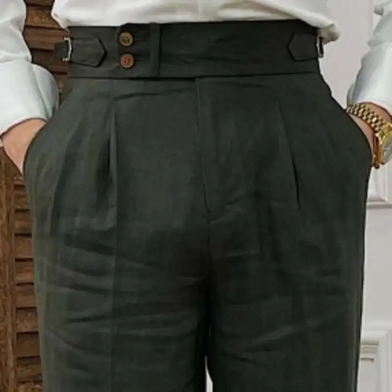 Linen Straight Leg Pant Naples High Waist Suits Retro Casual Pant British High Waist Pants Office-trouser Men Dress Trouser
