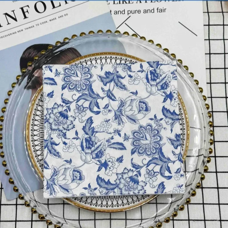 10/20pcs 33cm 2-Ply Party Decoration Paper Chinese Style Blue Line Drawing Flower Paper Placemats Butterfly Bone Bart