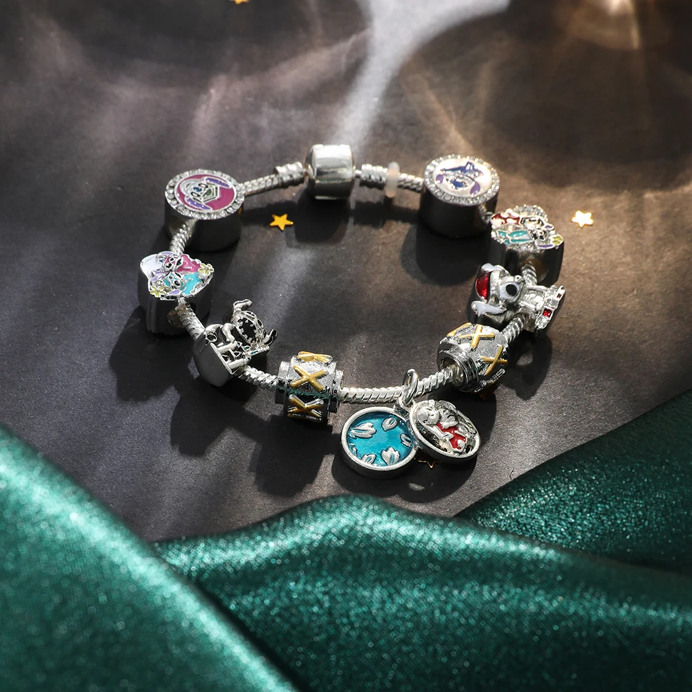 

Lilo & Stitch Charm Bracelet Cartoon Cute Stitch Jewelry DIY Crystal Pendant Beads Bangle Bracelet for Women Accessories