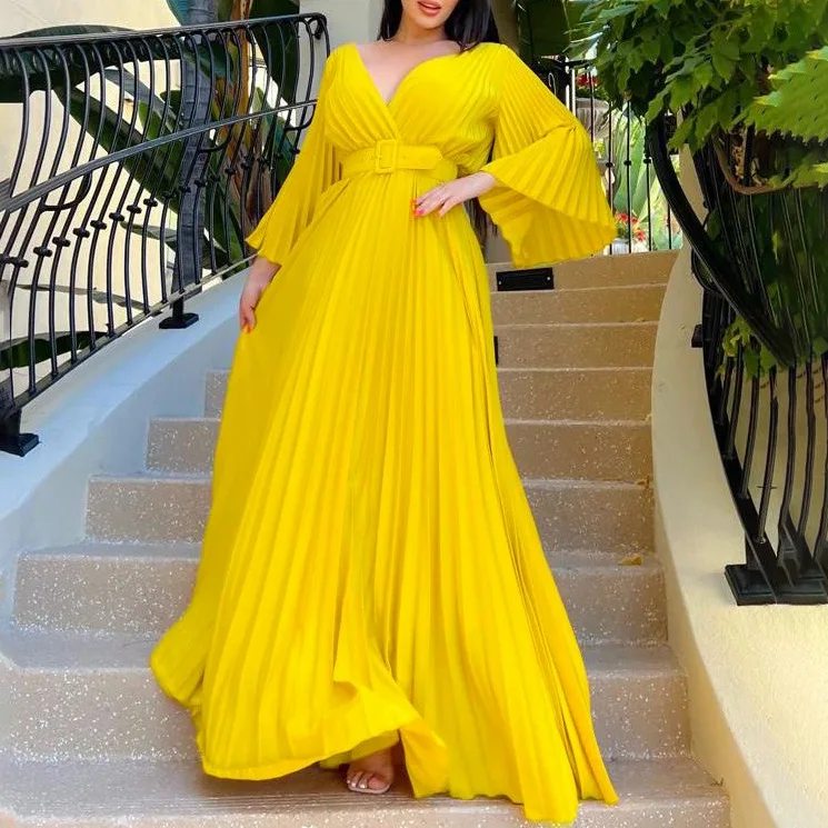 

Evening Dress Belt Women 2023 New Summer V Neck Sexy Pleated Large Swing Long Party Solid Color Dresses Elegant Vestidos