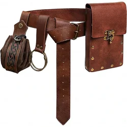 Medieval Leather Belt Set with Copper Coin Waist Bag for Cosplay and Halloween (Style D 4PCS)