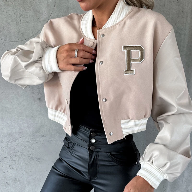 

Ardm Casual Thread Neckline Patchwork Pu Winter Baseball Jacket For Women Long Sleeve Crooped Coat New In Outerwears Tops