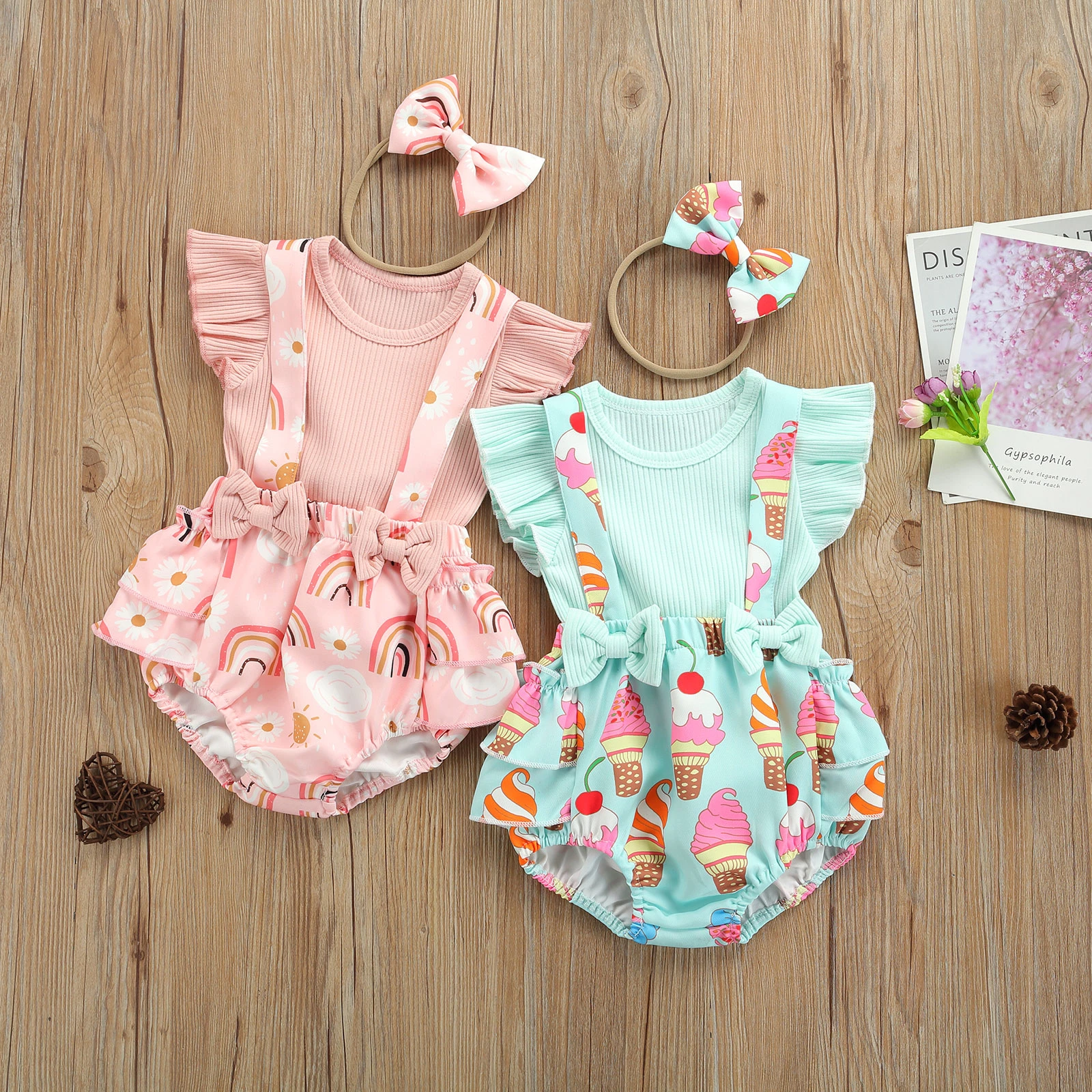 3Pcs Toddler Summer Outfit, Solid Color Ribbed Ruffle Sleeves Tops + Rainbow Bib Pants + Hair Rope for Baby Girls, 0-18 Months small baby clothing set	