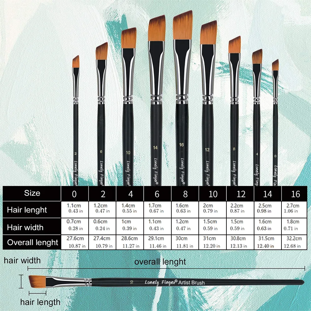 Angular Paint Brushes Set, 9 Pcs Paintbrushes Long Handle for Acrylic Oil Watercolor Gouache Painting Nylon Angle Shader Brush 2