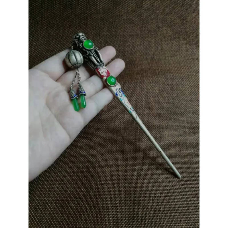 

Antique Collection Tibetan Area Backflow Old Silver Inlaid Emerald Faucet Hairpin Retro Old Pulp Hairpin Wholesale