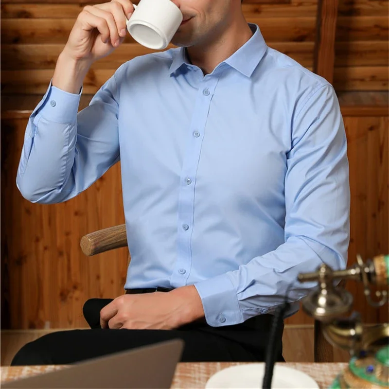 Bamboo Fiber Men Dress Shirt for Office Business Soft Comfortable  Man's Plaid Shirt Long Sleeve StretchMale Clothing No Pocket