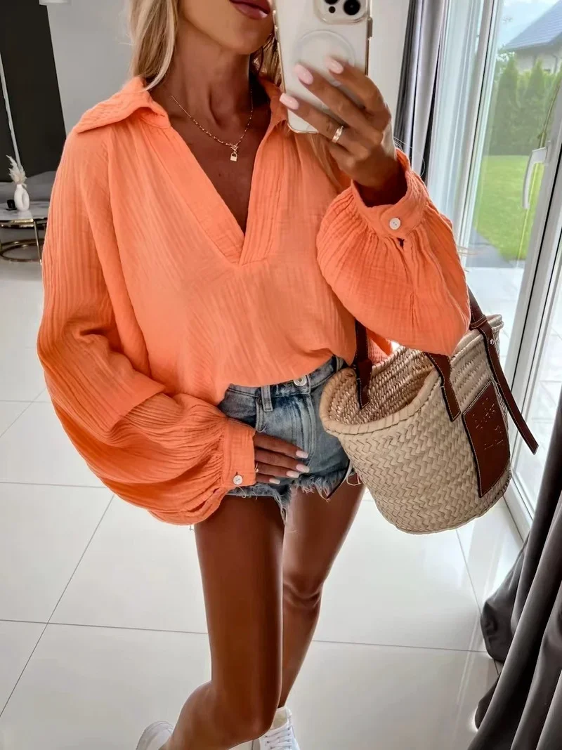 

Женская хлопковая блузка с длинным рукавом-фонариком, свободного покроя