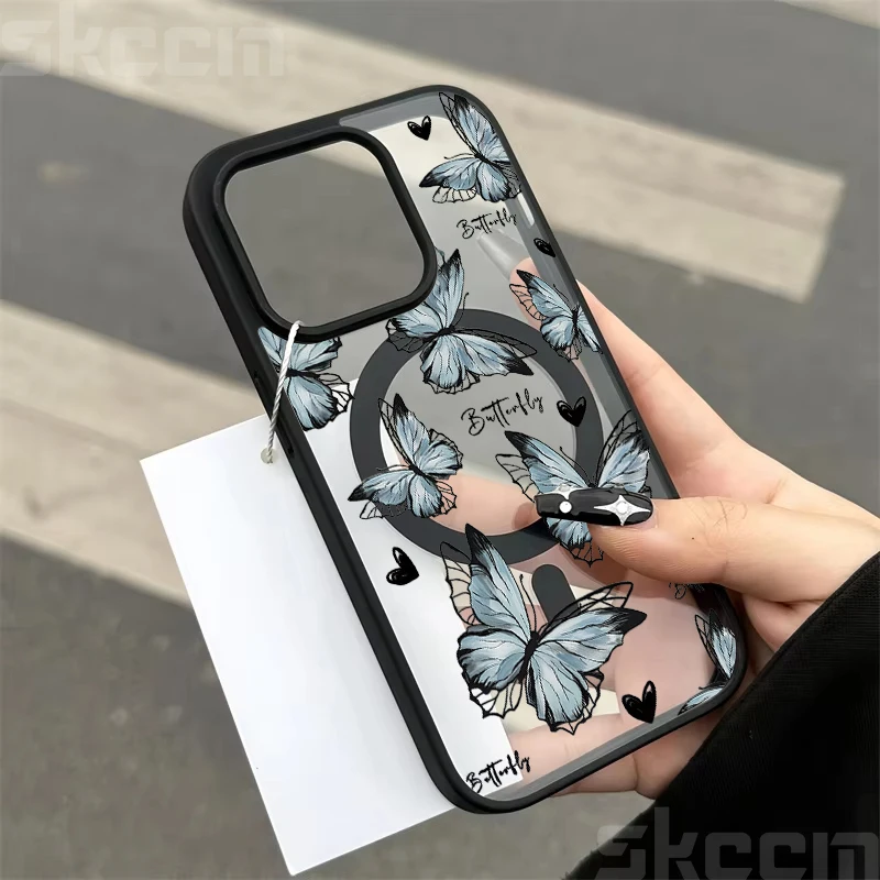 Butterfly Magnetic Transparent Phone Case with Matte Wireless Charging Cover