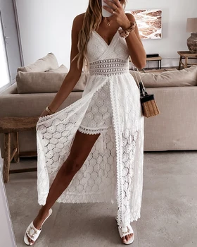 Summer V Neck Solid Color Lace Hollow-Out Sleeveless Sling Party Wear High Waist Rompers Holiday Casual White Women's Jumpsuit 1