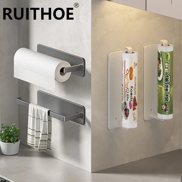 Porte-serviettes en papier auto-adhésif, porte-rouleau de papier toilette, sans poinçonnage, cuisine salle de bains, support de rangement allongé, gris noir blanc 1