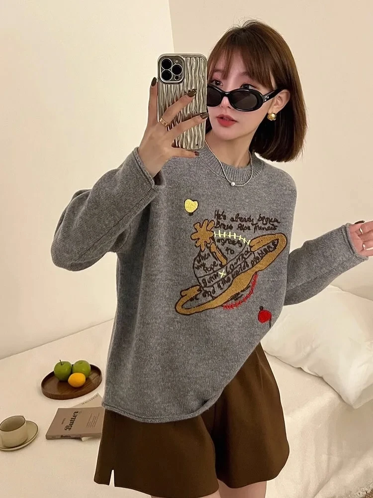 Luxury Brand Design Saturn Knit Embroider Long Sleeves Sweater T-shirt For Women Top Shirt Knitwear Tees Wear Y2k Clothing