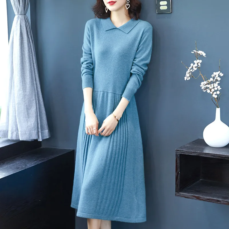 

Women Knitting Dress Clothes For Autumn Winter 2023 New Fashion Solid Turn Collar Draped High Quality Female A-line Dresses