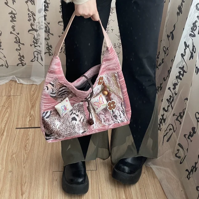JIAERDI Harajuku Pink Large Capacity Tote Bag Purse Women Retro Chinese Style Lace Shoulder Bags Ladies Vintage Y2k Handbag 2025