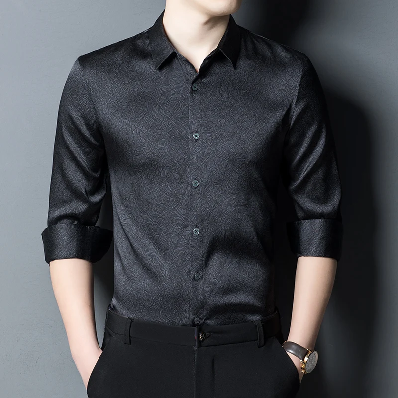 

Mulberry Silk Long Sleeve Shirts For Men Solid Color Plus Size 4XL Spring New Quality Smooth Comfortable Casual Camisa Masculina