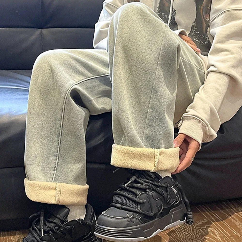 Plus Velvet Men's Winter Y2K Thick Jeans Denim Pants Drawstring Vintage Jeans For Men Streetwear Harajuku Korean Winter Clothes