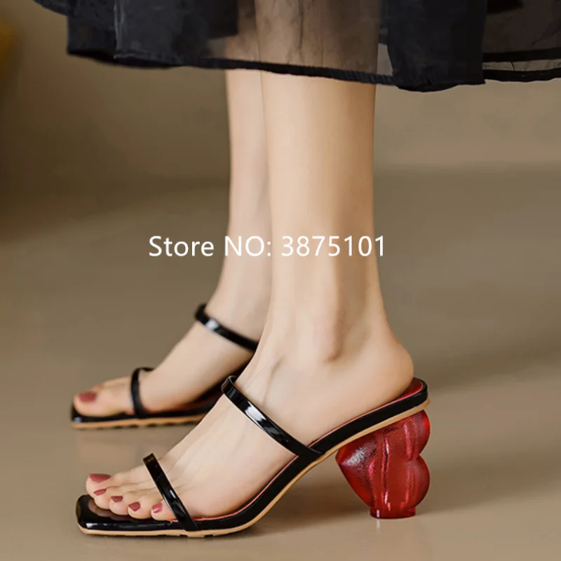 

Love Heart Crystal Heels Shoes Casual High-Heeled Slipper Outdoor Genuine Leather Shoes Women High Quality Sandals