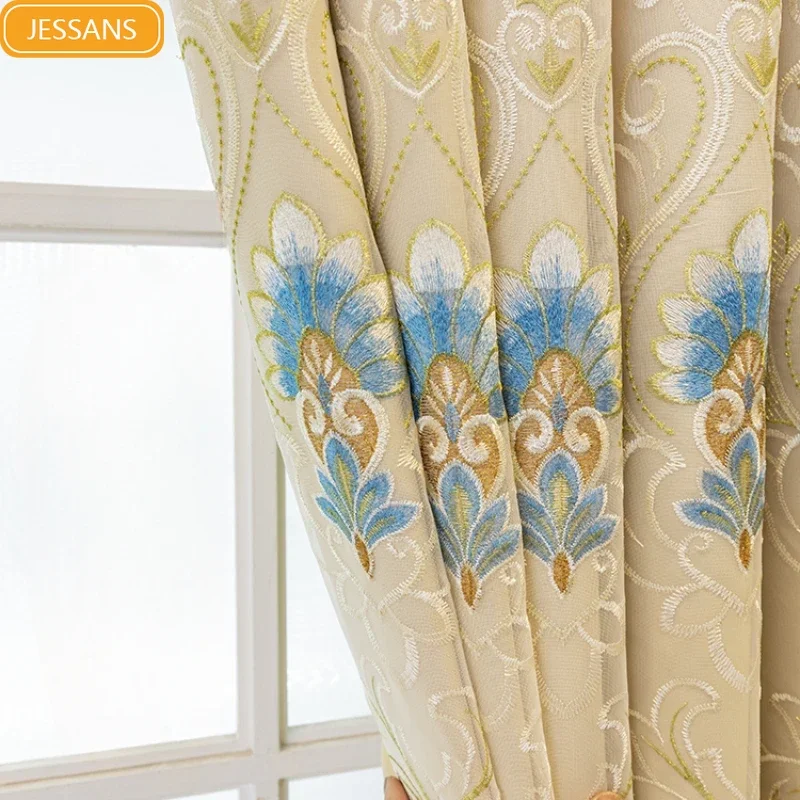 

Curtains for Living Dining Room Bedroom Cream Embroidered Gauze Integrated Double Layer Simple European Sunshade