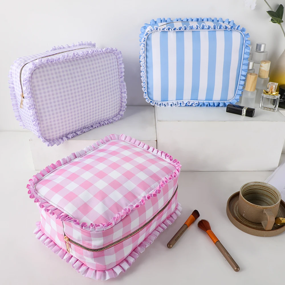 Ruffle Cosmetic Bag Travel Makeup Nylon Pouch For Women Girls Large Toiletry Multifunction Organizer Storage Zipper Waterproof fusitu waterproof nylon shoulder camera bag dslr video camera bag for sony lens pouch bag canon nikon b500 p900 d90 d750 d7000