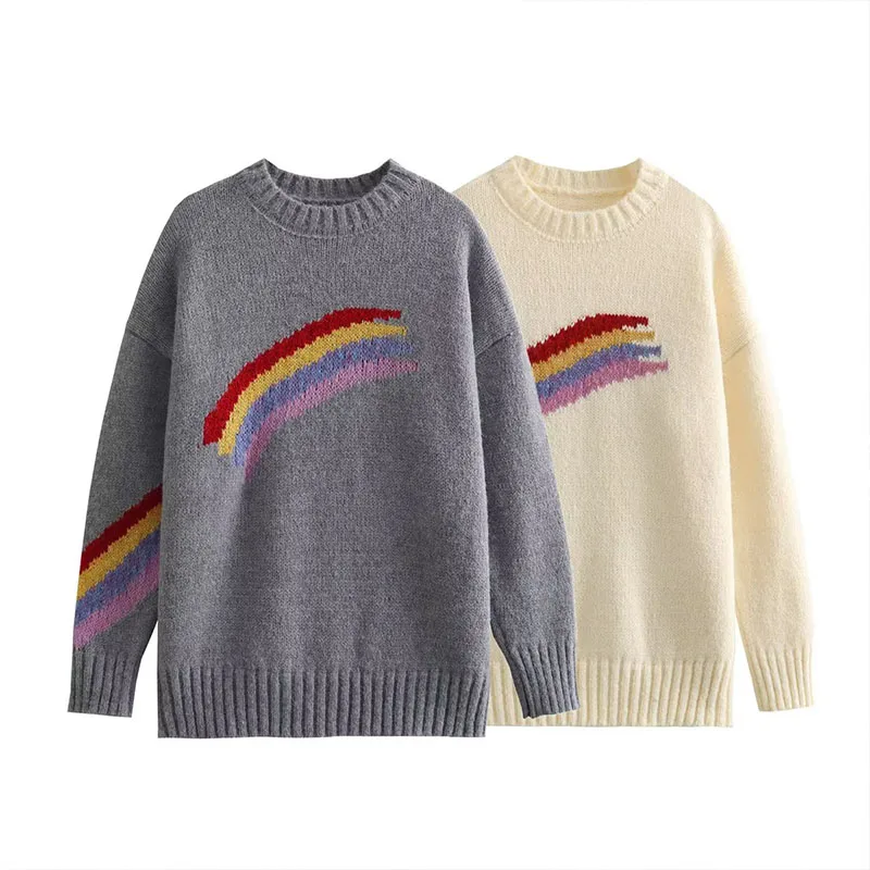 

Autumn Women's Rainbow Pullover Knitted Sweater 2023 New Casual Round Neck Long Sleeve Short Warm Sweater Chic Top