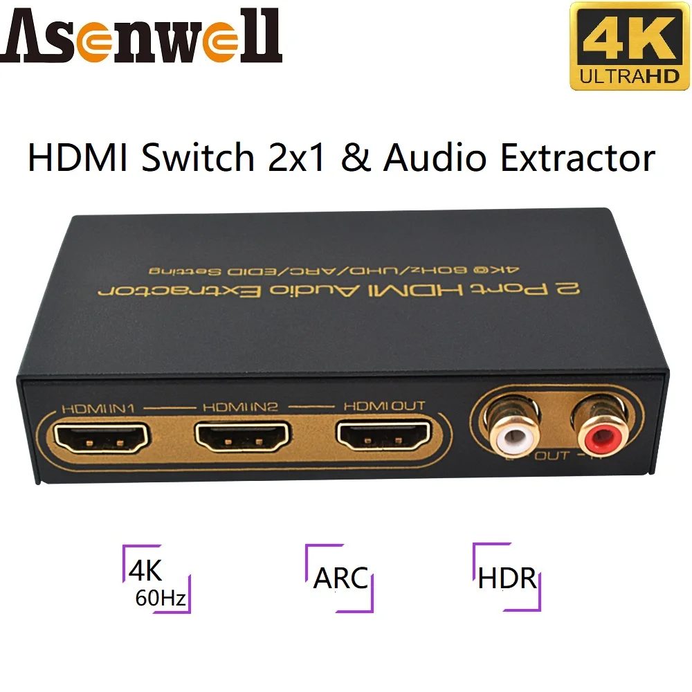 4k60hz Hdmi Audio Extractor 2 Port Hdmi Switch Selector 2x1 Uhd Arc Edid Setting Spdif 5 1 2ch Audio Output For Apple Tv Fire Tv Aliexpress