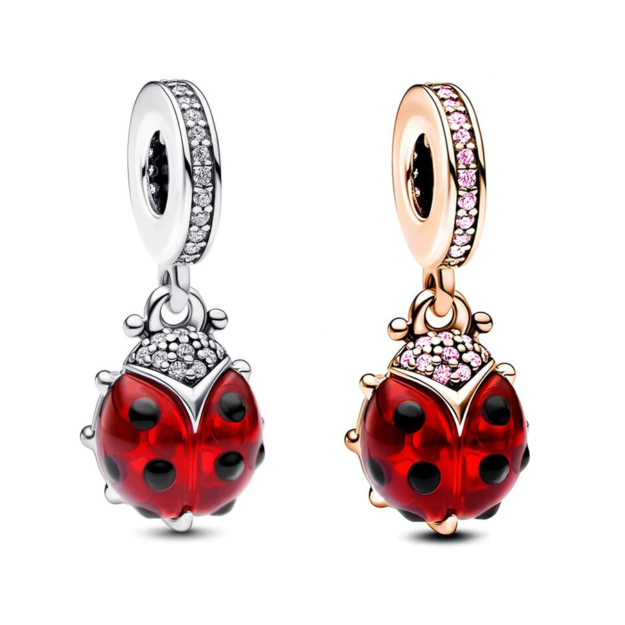 

New Cute Animal Charm Silver Color Pavé Zircon Red Ladybird Dangle Charm Fit Pandora Bracelet & Necklace Pets Pendant Gift
