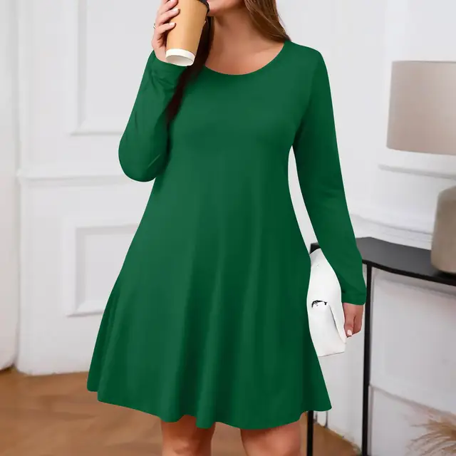 Plus Size Dress for Women Solid-Colour Casual Dress Spring/Autumn Pocket Round Neck Long-Sleeved Dresses vestidos femenino