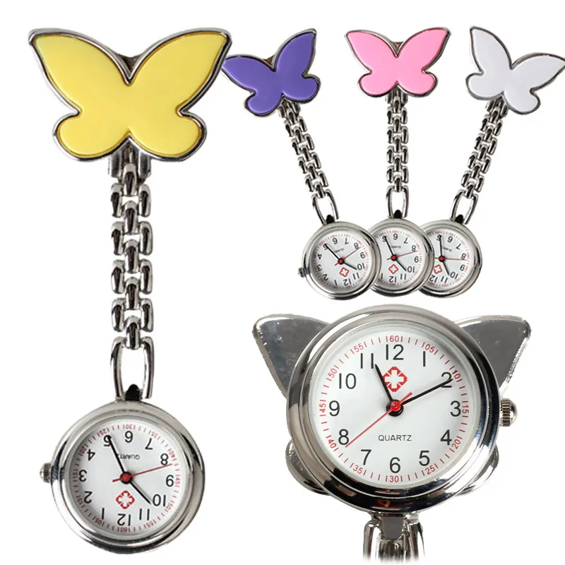 Fashion Butterfly Nurse Table Pocket Watch With Clip Brooch Chain Quartz Watches Pendant Necklace Clock Gifts For Women Man